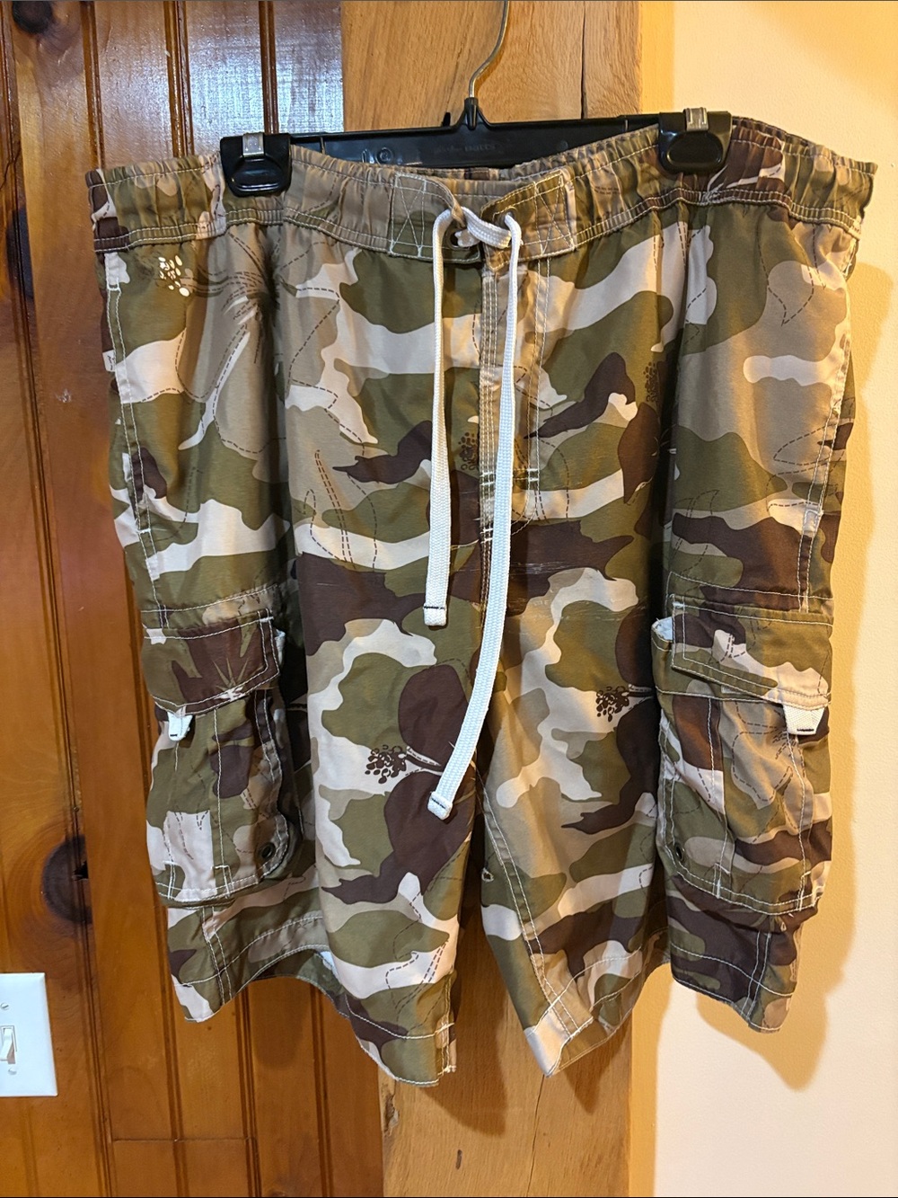 No Boundaries Men’s Camo Swim Trunks in Green/Brown/Beige
